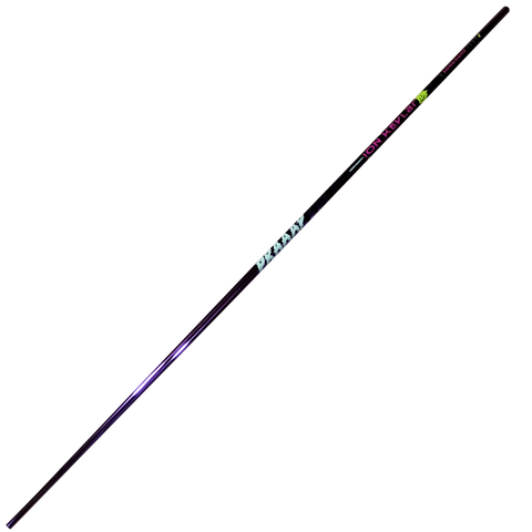 PRAAAP Scorpion carbon bike polo shaft features a glossy metallic purple with flashy colorful graphics.
